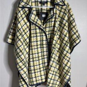 Andrew Marc Yellow & Navy Plaid Knit Poncho